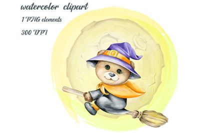 A bear cub on a broom, watercolor animals, Halloween Clipart, Cute Mon