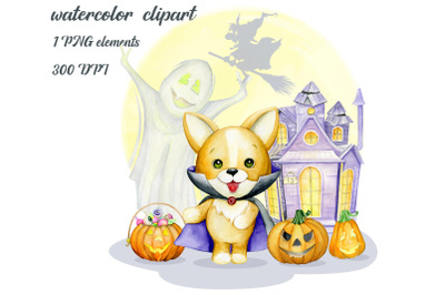 watercolor animals, Halloween Clipart, Cute Monsters, Witch, fantasy c