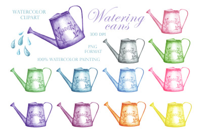 Watering can watercolor clipart. Multi-colored watering cans.