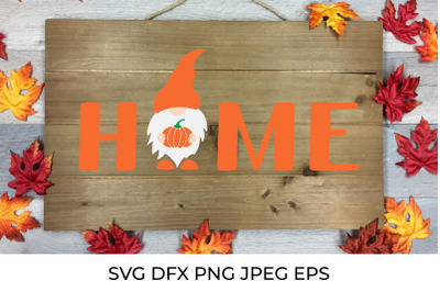 Home lettering. Gnome holding pumpkin. Fall welcome sign