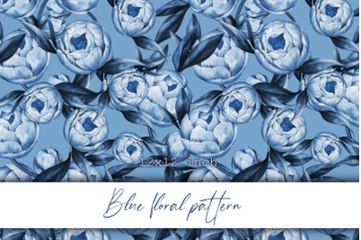 Blue seamless pattern of peony flowers