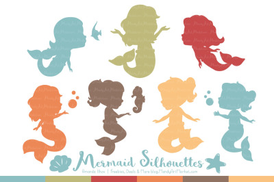 Sweet Mermaid Silhouettes Vector Clipart in Vintage Boy