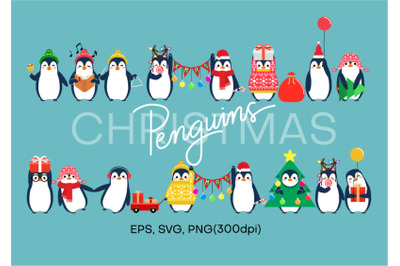 Christmas penguin. Funny snow animals, cute baby penguins cartoon