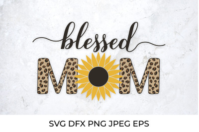 Blessed mom calligraphy with sunflower and leopard print