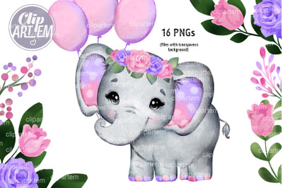 Pink Purple Girl Elephant 16 PNG set, lavender baby elephant clip art