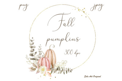 Fall Pumpkins and eucalyptus floral frame.Thanksgiving,
