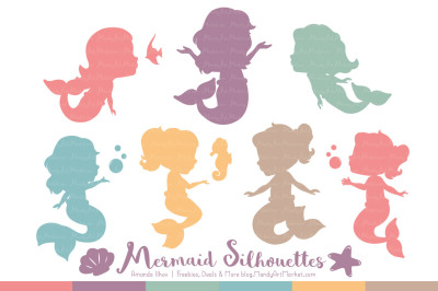 Sweet Mermaid Silhouettes Vector Clipart in Vintage Girl