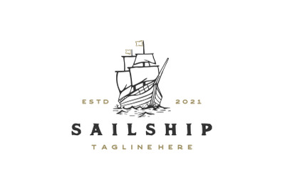 Vintage Retro Hipster Sailing Ship Logo Design