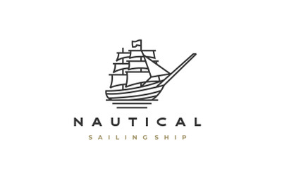 Vintage Retro Monoline / Line art Sailing Ship Logo Design