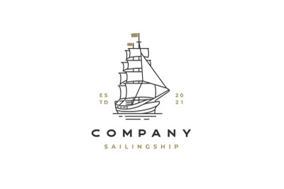 Vintage Monoline / Line art Sailing Ship Logo Design