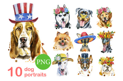 10 watercolor dog portraits. Set 18