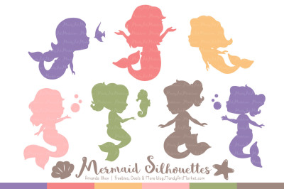 Sweet Mermaid Silhouettes Vector Clipart in Wildflowers
