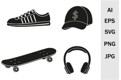 Bundle Skateboard&2C; Cap&2C; headphones&2C; sneakers svg template