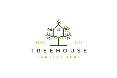Line art Tree and House Logo Design Vector