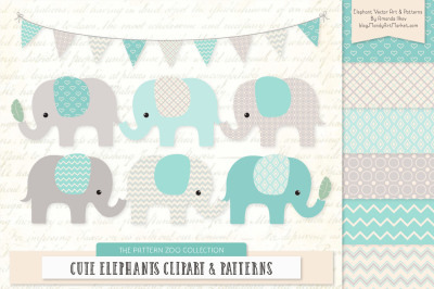 Pattern Zoo Vector Elephants Clipart &amp; Digital Papers in Aqua
