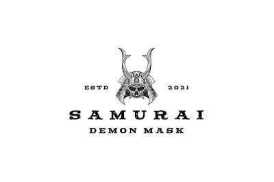 Vintage hand drawn Japanese Samurai Demon Mask Logo Design