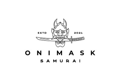 Vintage line art Japanese samurai mask with katana weapons