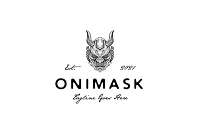 Vintage hand drawn Japanese Demon Oni Mask Logo Design