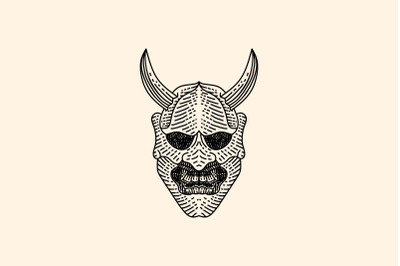 Vintage Hand drawn Japanese Demon Oni Mask Logo Design