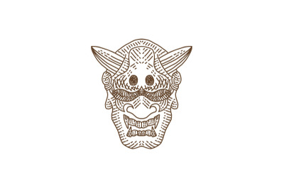 Vintage Hand drawn Japanese Demon Oni Mask Logo Design