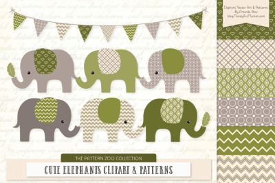 Pattern Zoo Vector Elephants Clipart &amp; Digital Papers in Avocado