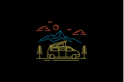 Vintage Line art Outdoor Camper van, Camping Logo Design