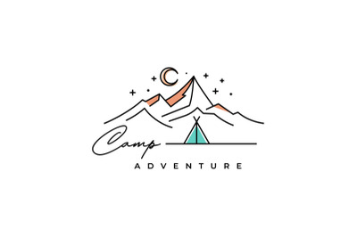 Line art Mountain Summer Camping Logo Design Vector