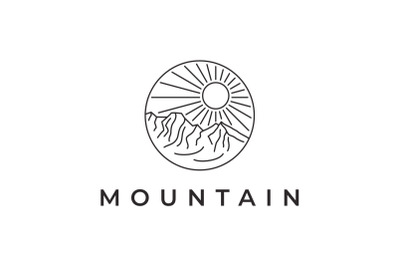 Line art Mountain and sun for Hipster Adventure Logo Design