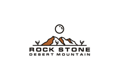 Line art Desert Rock Mountain with Cactus Logo Design