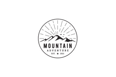 Vintage Badge Mountain and sun Adventure Outdoor Logo Design