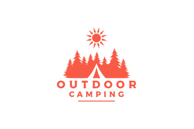 Forest Camping, Tent and Pine Trees Logo Design