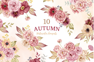Autumn Watercolor Clipart, Fall Bouquets