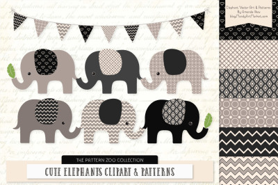 Pattern Zoo Vector Elephants Clipart &amp; Digital Papers in Black