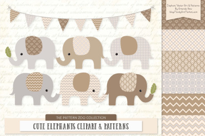 Pattern Zoo Vector Elephants Clipart &amp; Digital Papers in Champagne