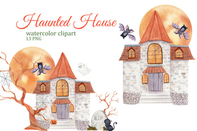 Haunted House Halloween Watercolor Clipart, Fall PNG, Cute Ghost Clipa
