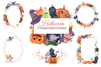 Halloween Wreath, Watercolor halloween frame, Halloween invitation PNG