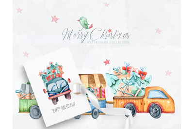 Watercolor Christmas clipart. Christmas cars and trucks