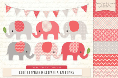 Pattern Zoo Vector Elephants Clipart &amp; Digital Papers in Coral