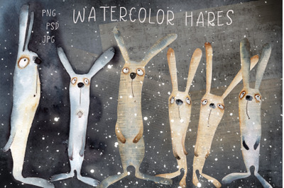 Watercolor hares collection png, psd, jpg
