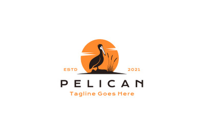 Vintage Pelican bird with sun background logo design vector