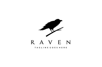 Crow Raven Silhouette sitting on a branch logo design vector