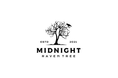 Dark Night Crow Raven with Dead Tree Logo Design Vector