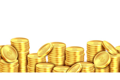 Coins stack gold. Golden coin money pile realistic backdrop, stacked d