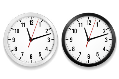 Office clock realistic. Round watches with time arrows and black or wh