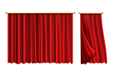 Red curtains. Realistic luxury curtain on golden decor, domestic fabri