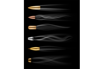 Bullets flying. Different fired bullet in motion with smoke traces rea