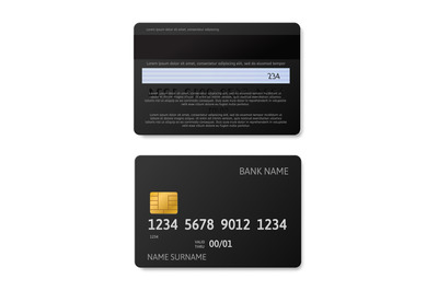 Credit card black. Debit cards with gold chip realistic&2C; front and bac