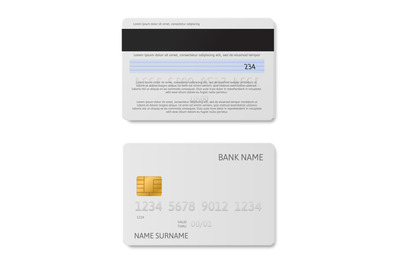 Credit card white. Plastic debit cards with golden chip front and back