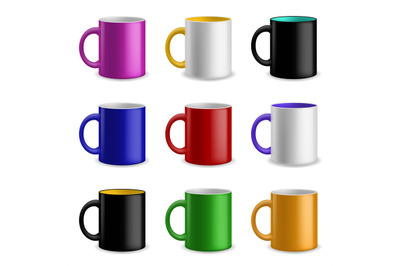 Cups color set. Colorful ceramic realistic mugs for different drinks c