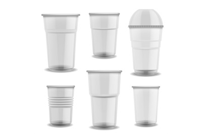 Disposable cups transparent plastic. Glasses with dome lid empty vario